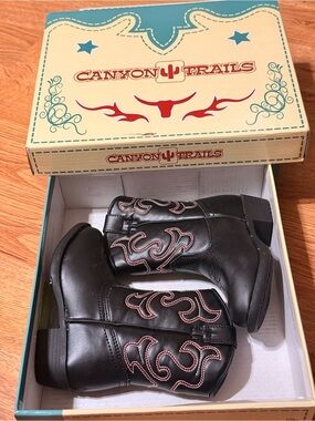 Black Kids Western Boots with Red Stitching